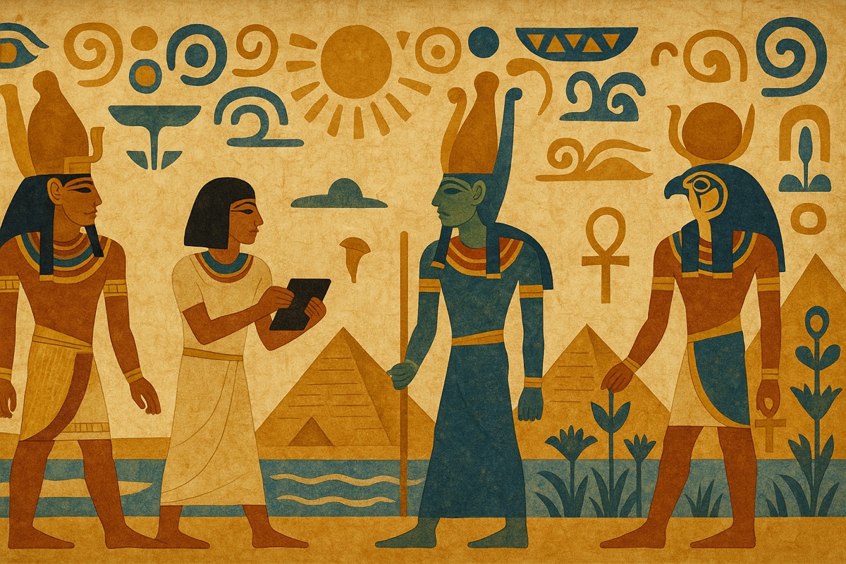 Egyptian tomb painting of pharaohs and pyramids in ochre, lapis blue and gold
