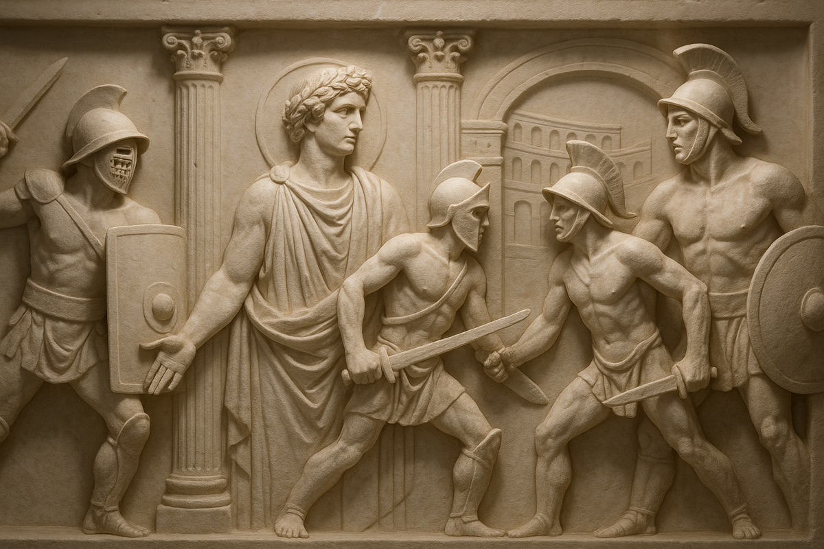 Marble bas-relief of Roman figures with columns and laurels
