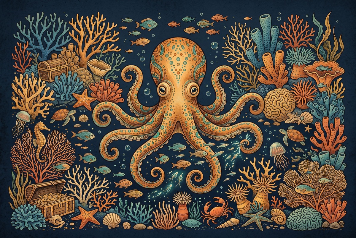 Octopus surrounded by sea creatures and coral