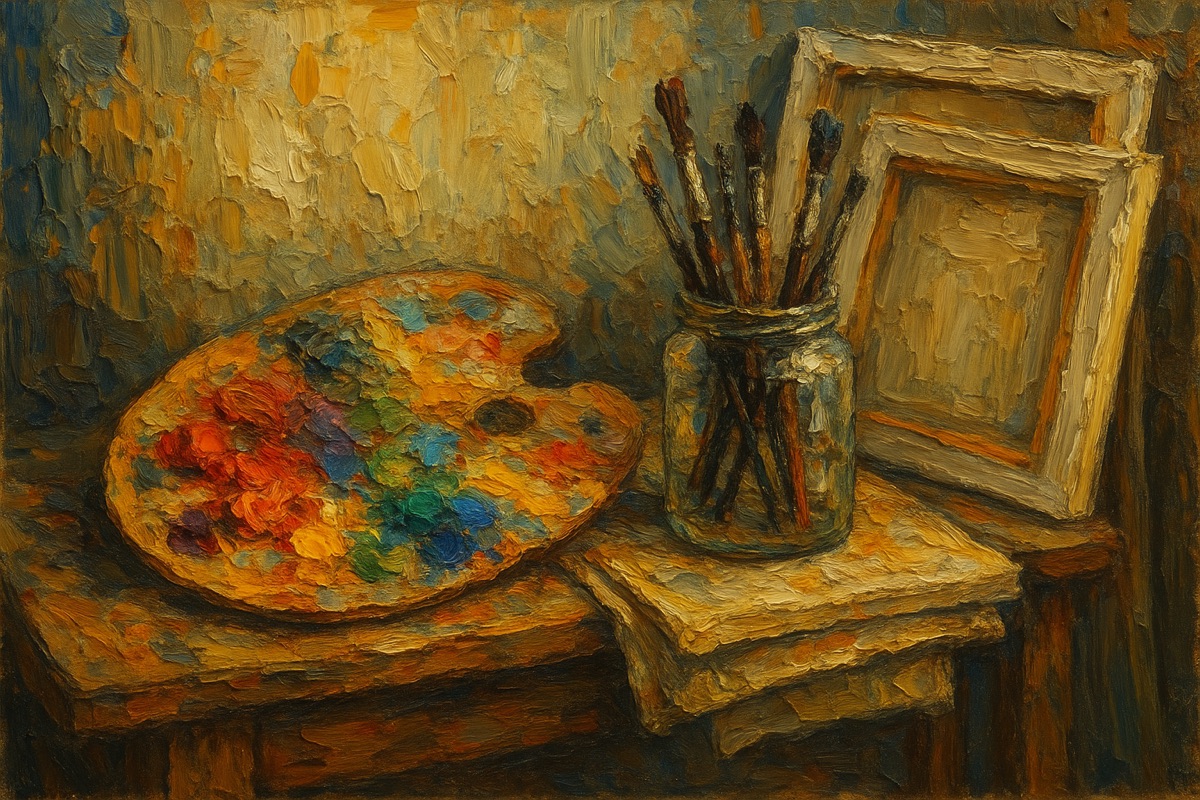 Impasto oil painting of a palette, brushes and canvases