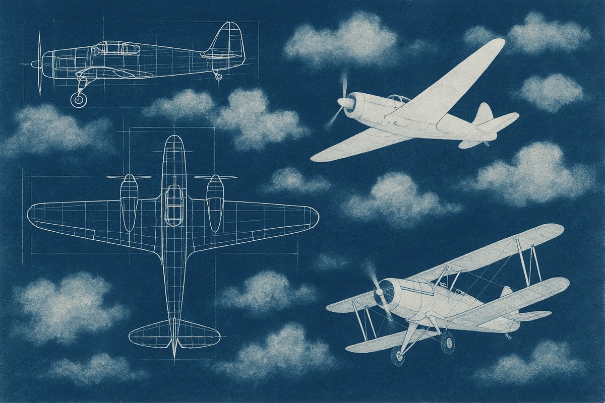 White aircraft schematics and clouds on deep blue cyanotype background