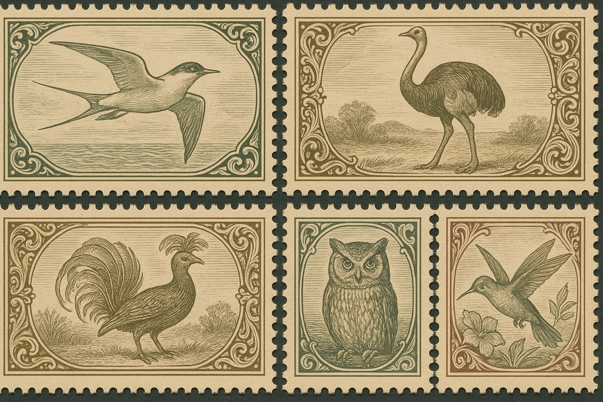 Sheet of vintage engraved postage stamps featuring birds