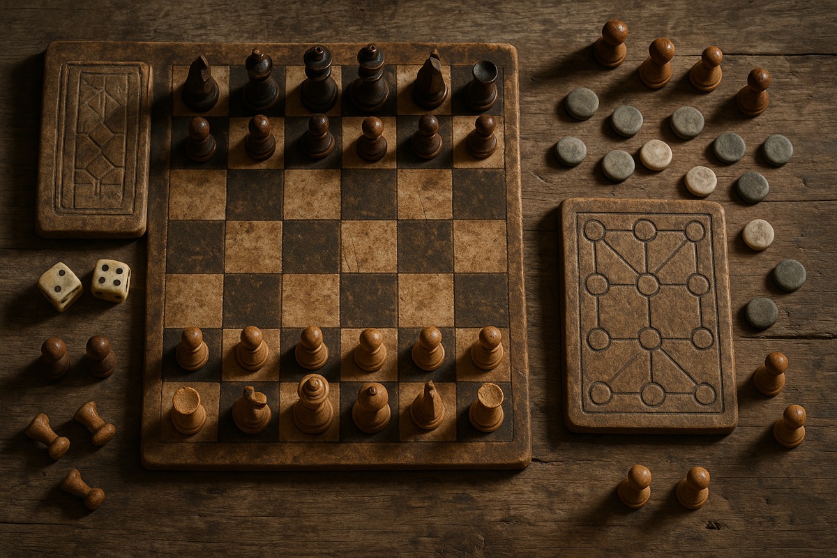 Overhead view of vintage game boards, dice and wooden pieces