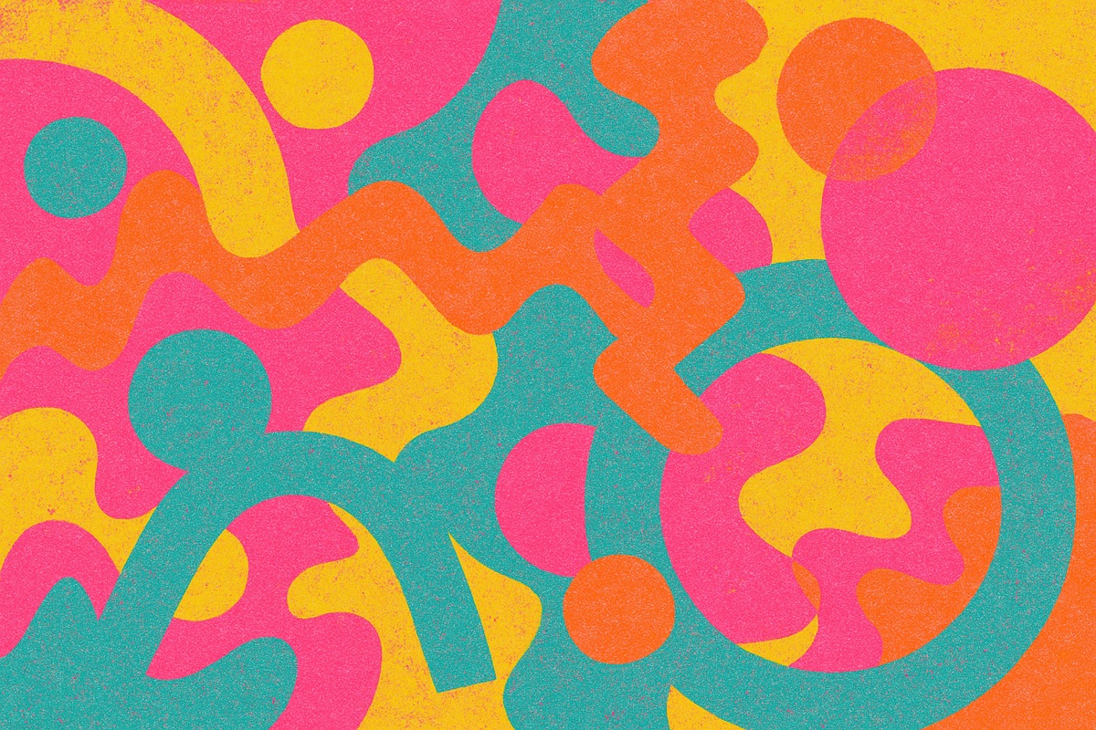 Risograph-style print of layered fluorescent abstract shapes with visible grain