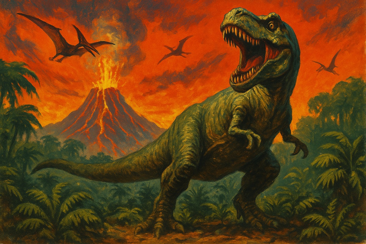 Retro pulp adventure illustration of a T. rex confronting explorers in a prehistoric jungle