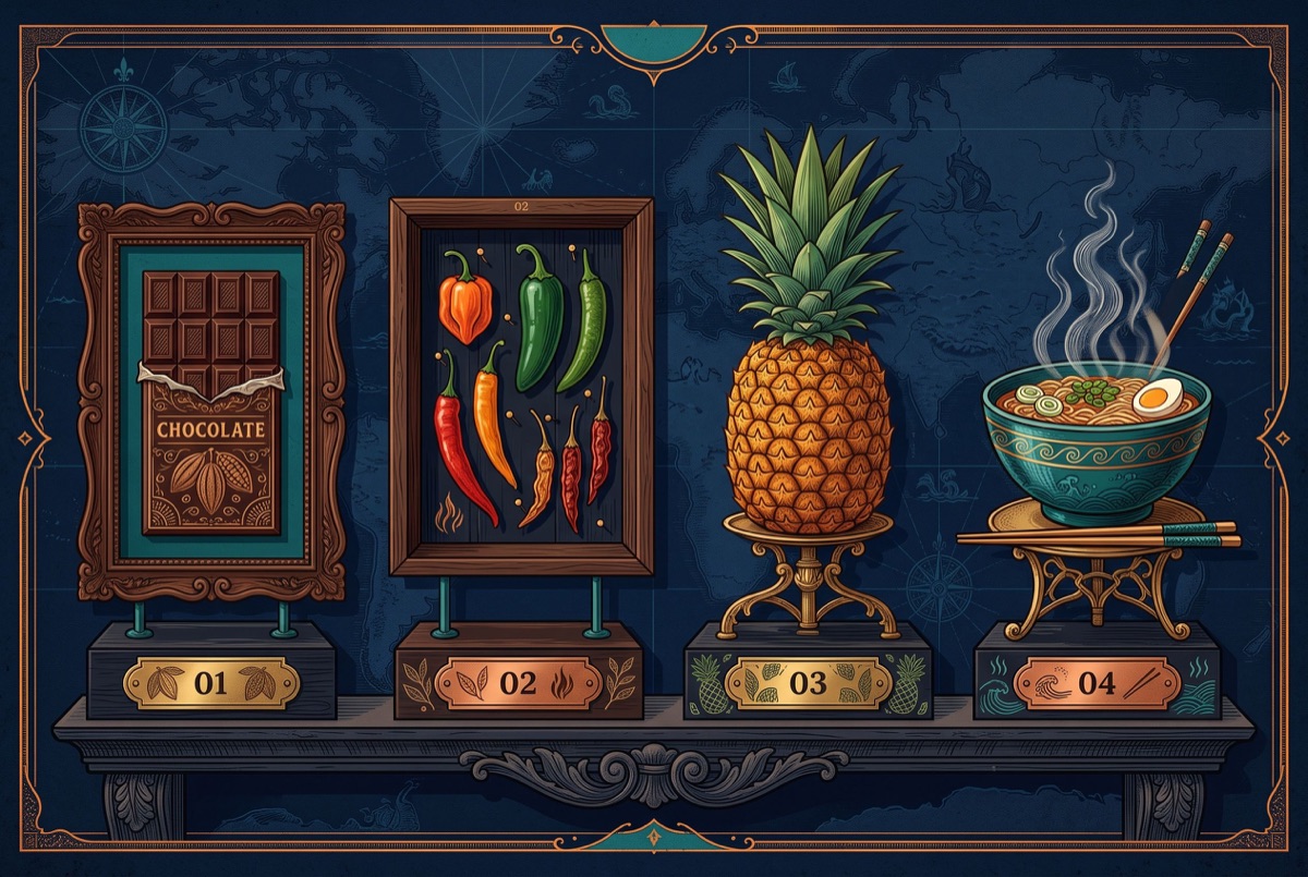 World foods arranged like museum specimens