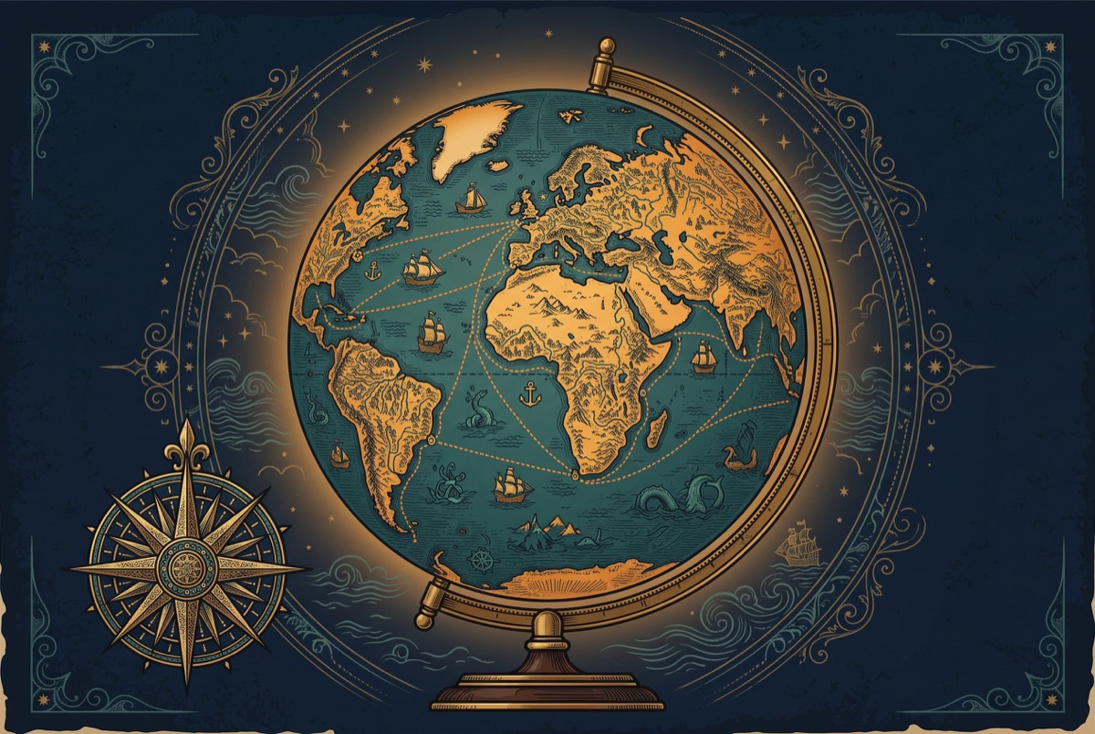 Antique globe with compass rose and travel routes