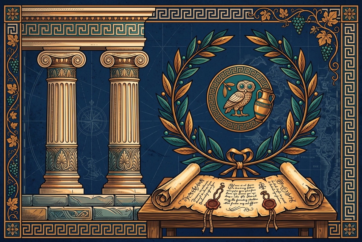 Ancient columns, laurel wreath and scroll