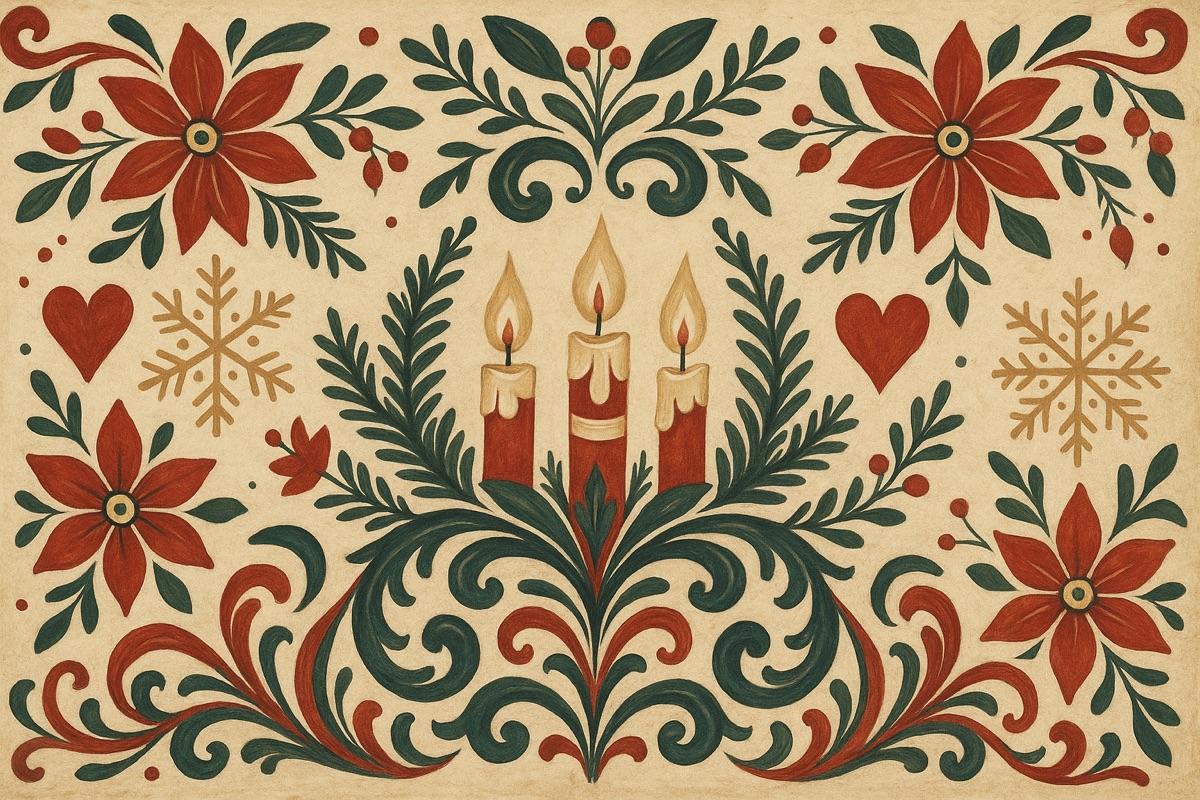 Scandinavian folk-art painting of seasonal motifs in red, cream and green