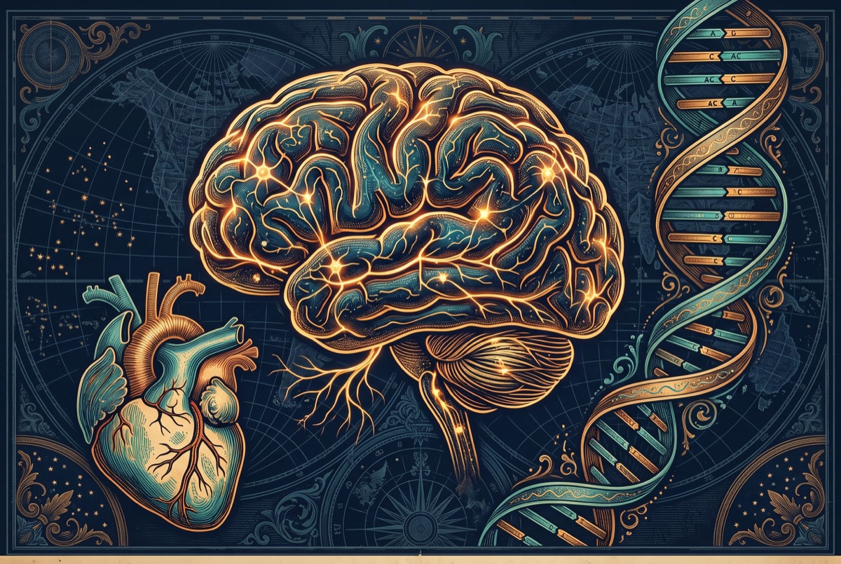 Brain with glowing neural pathways, heart and DNA helix