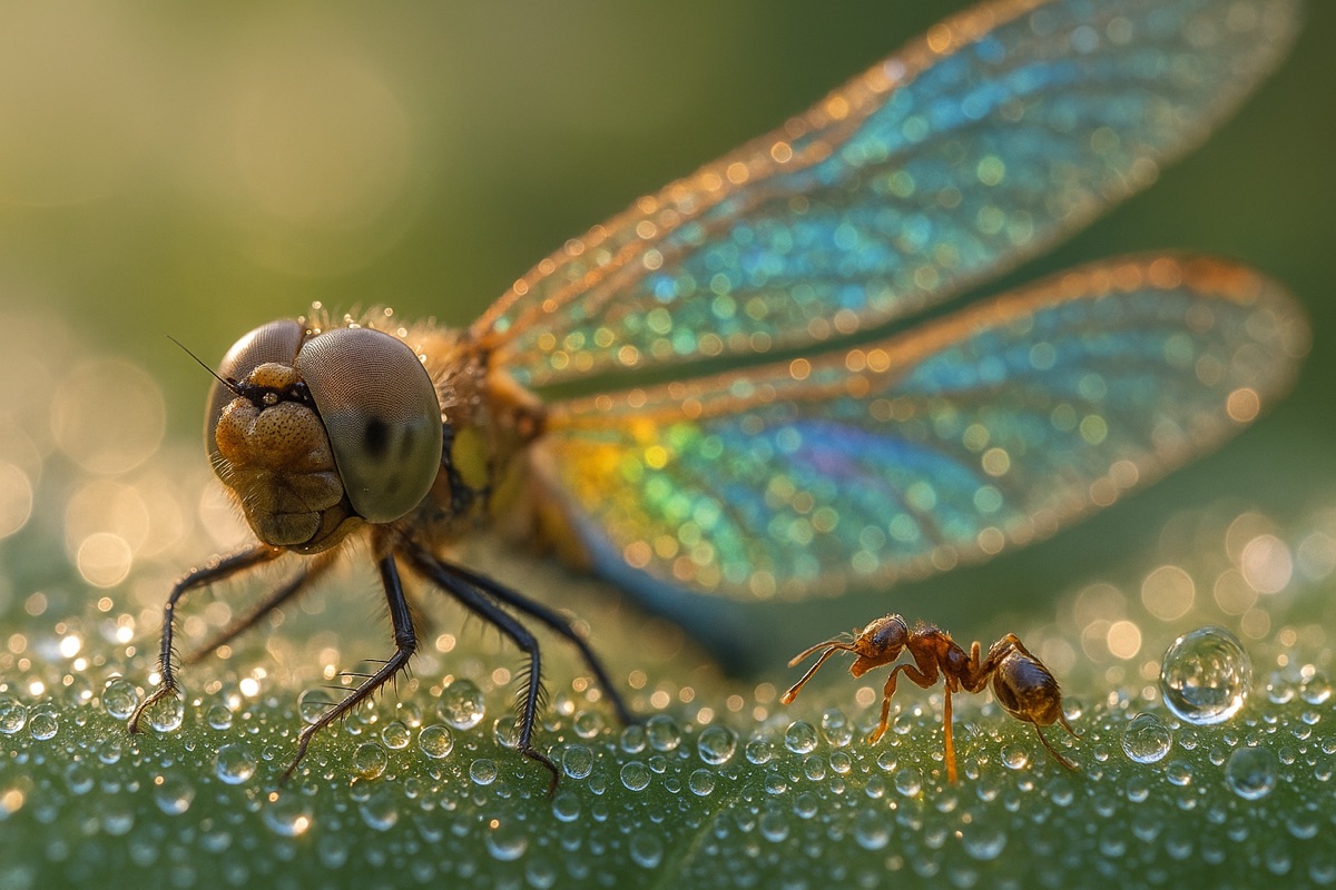 Extreme macro photo of a dragonfly and ant on a dewy leaf