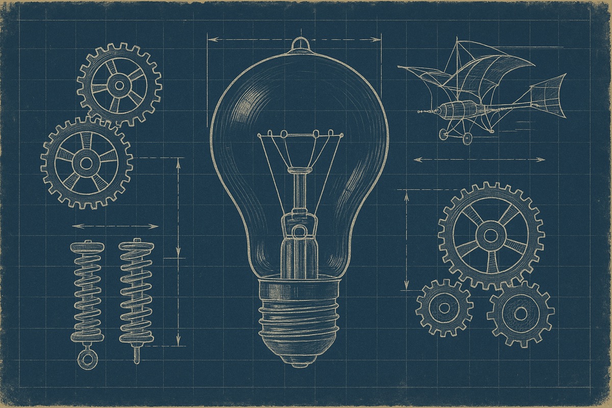 Lightbulb, gears and inventor's tools in ornate illustration