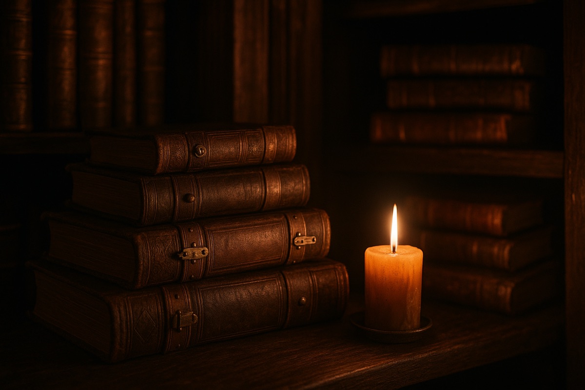 Candlelit stacks of old leather-bound books