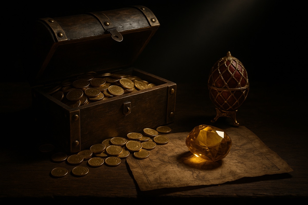 Treasure chest with gold coins, jeweled egg and gemstone in dramatic light