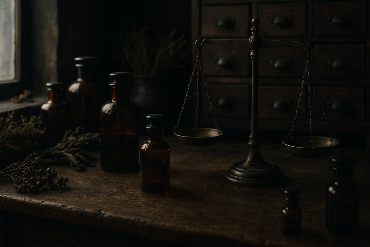 Antique apothecary counter with amber bottles, brass scales and herb drawers