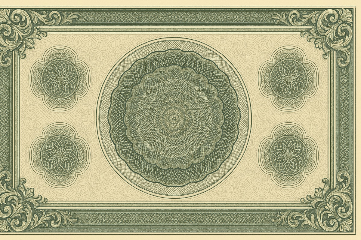 Ornate engraved guilloche scrollwork in banknote style