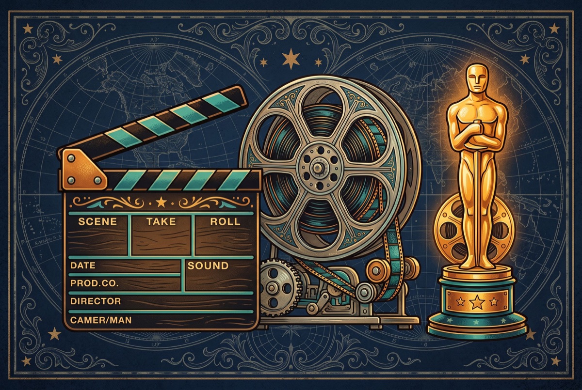 Film clapperboard, movie reel and award statue