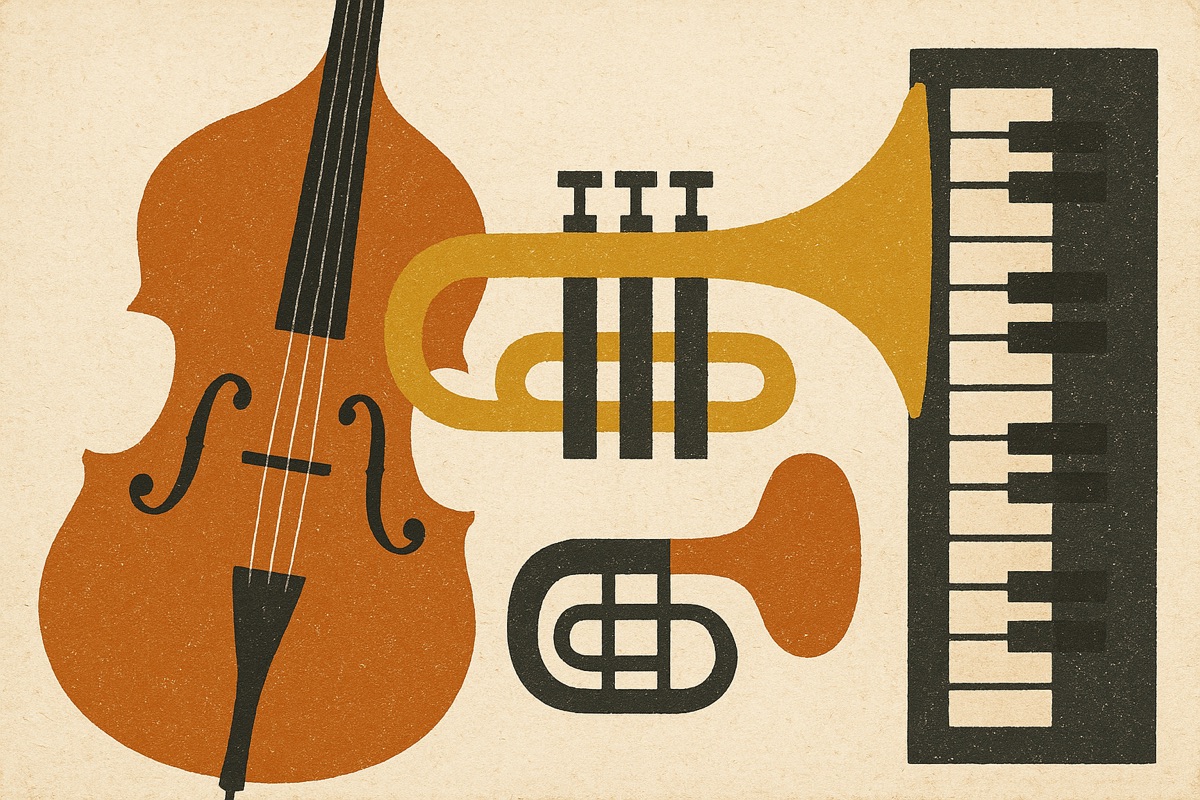 Gramophone, trumpet and musical notes in ornate illustration