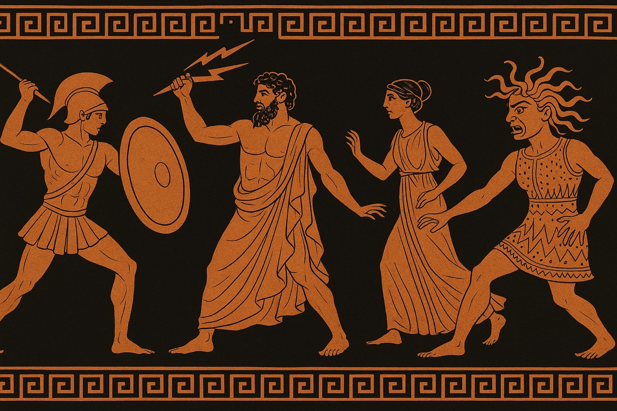 Greek red-figure pottery scene of gods and monsters in terracotta and black