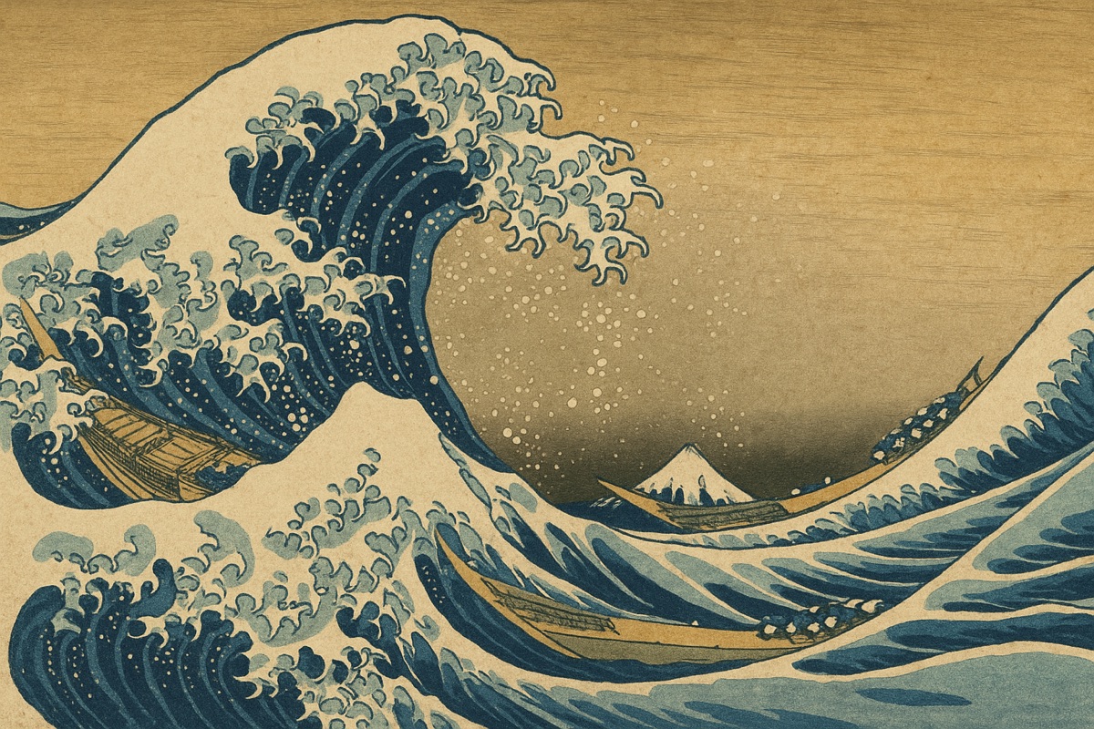 Waves, sailing ship and lighthouse in ornate illustration