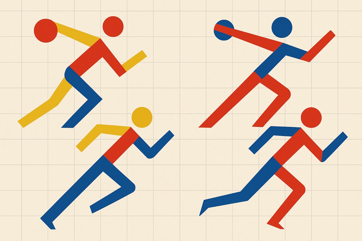 Abstract geometric poster of athletes in motion built from circles and diagonals