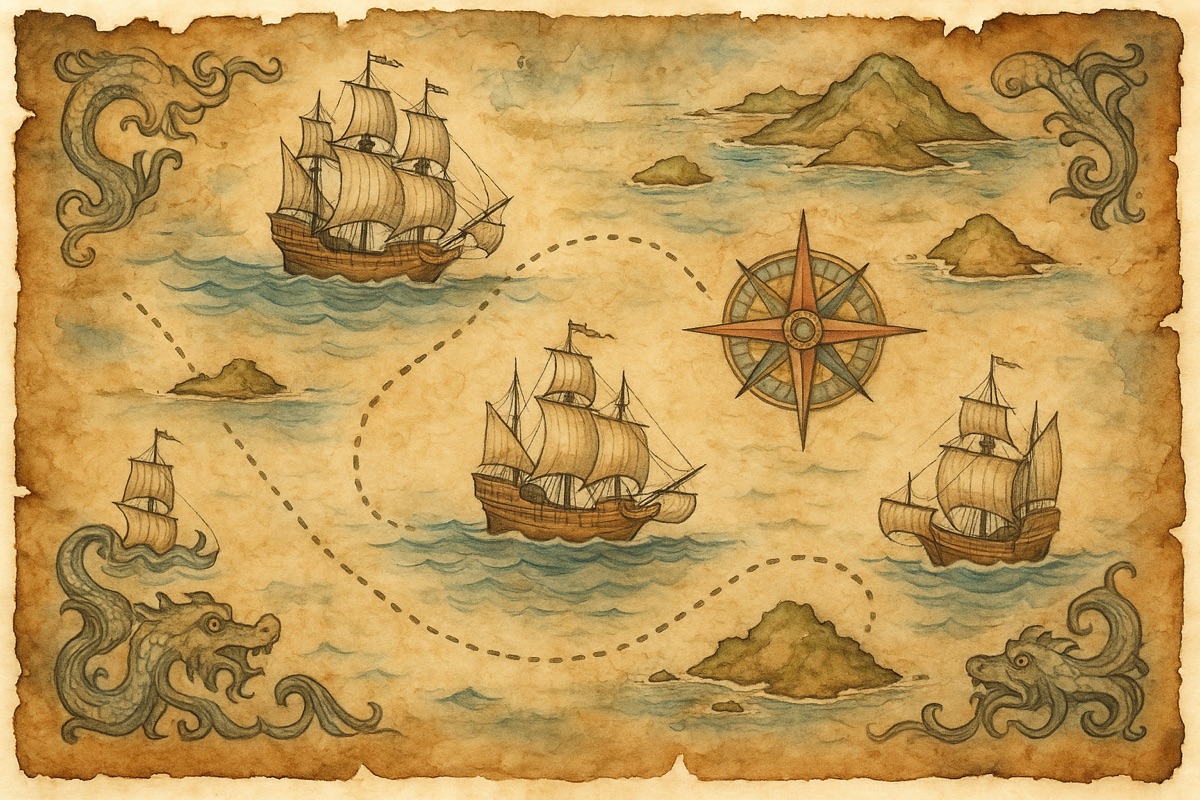 Weathered treasure map parchment with painted sailing ships and a compass rose