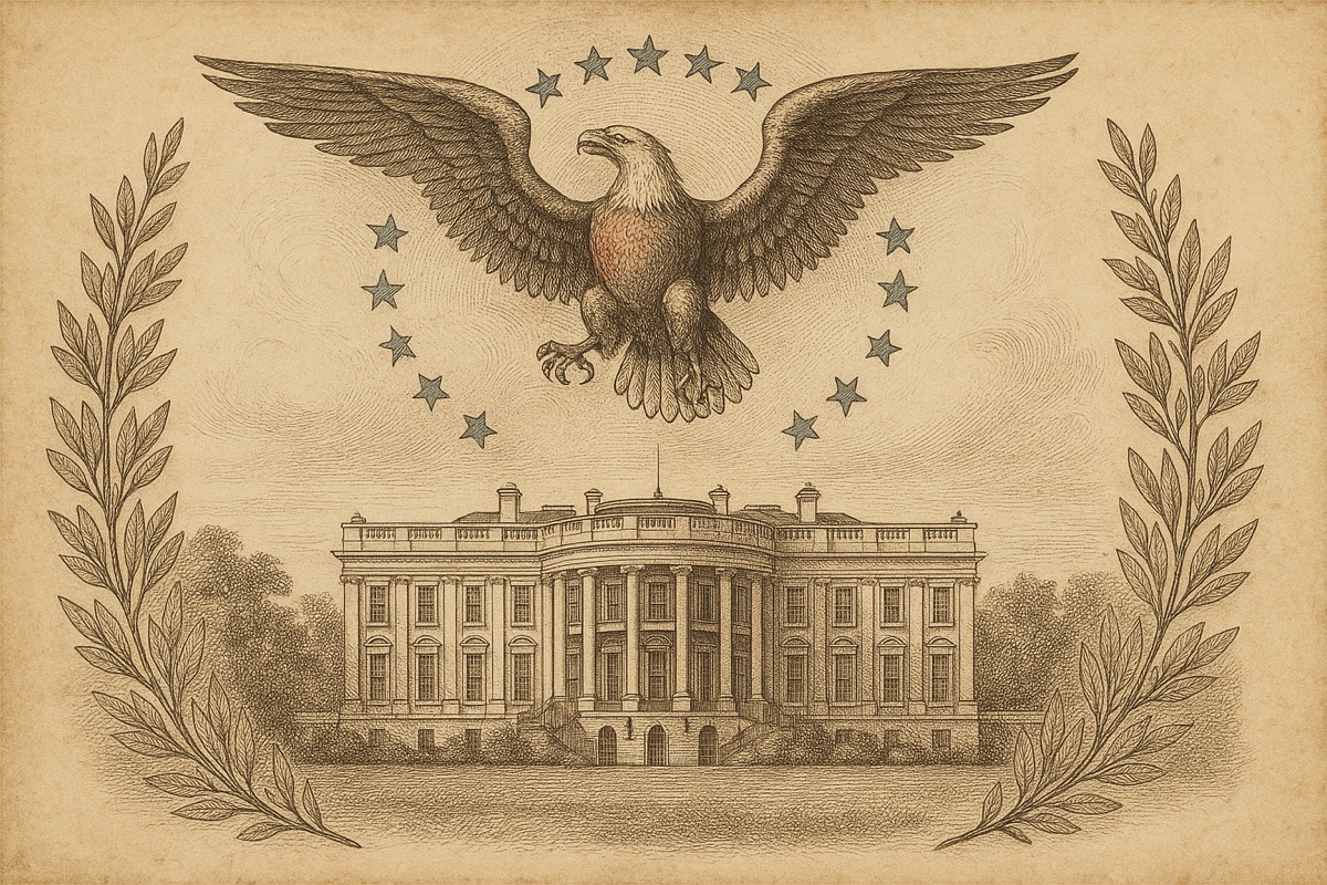 White House, eagle and stars in ornate illustration