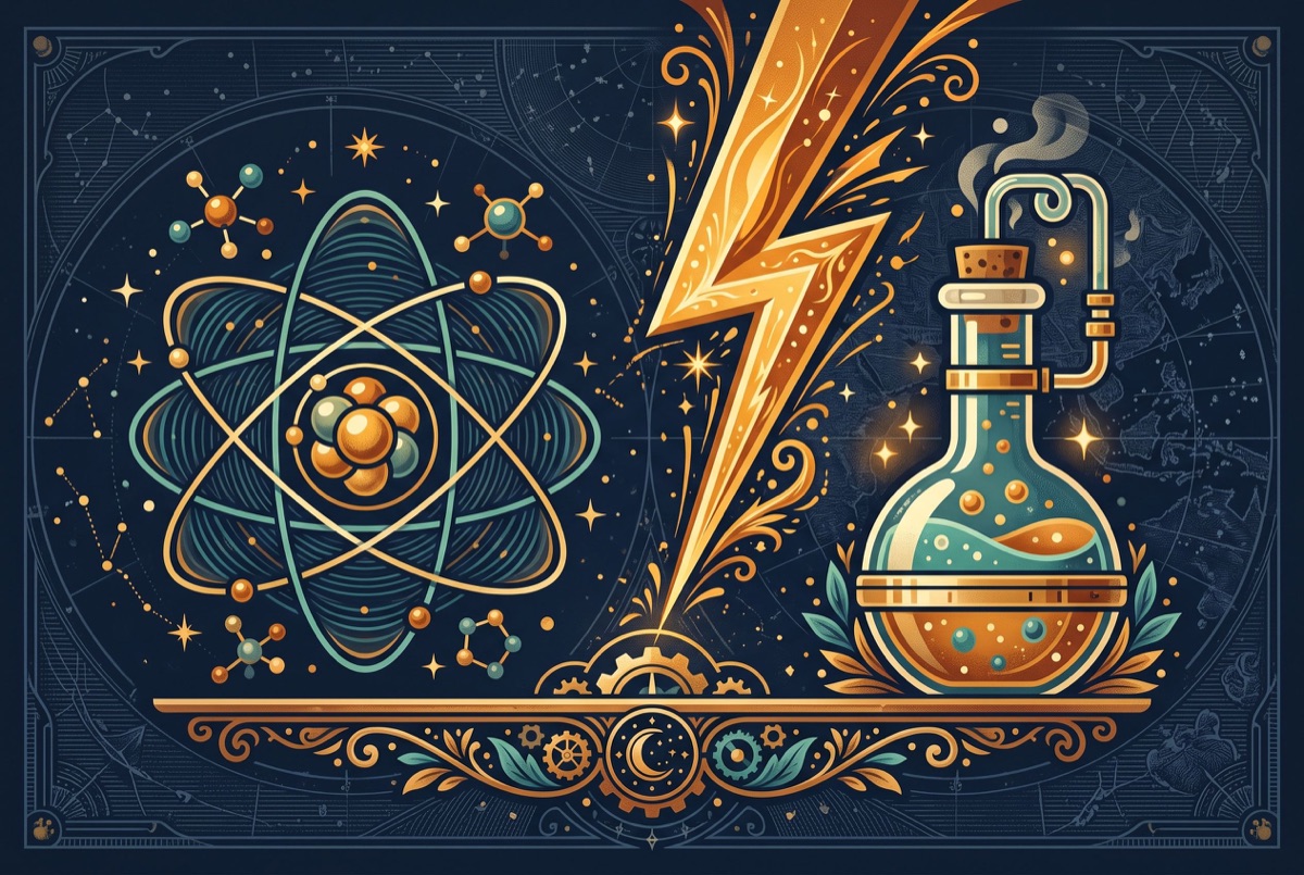 Atom model, laboratory flask and lightning bolt