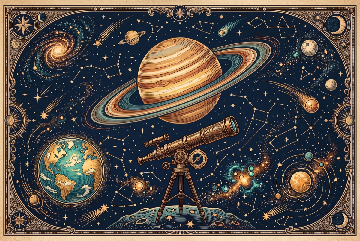 Planets and a brass telescope among stars