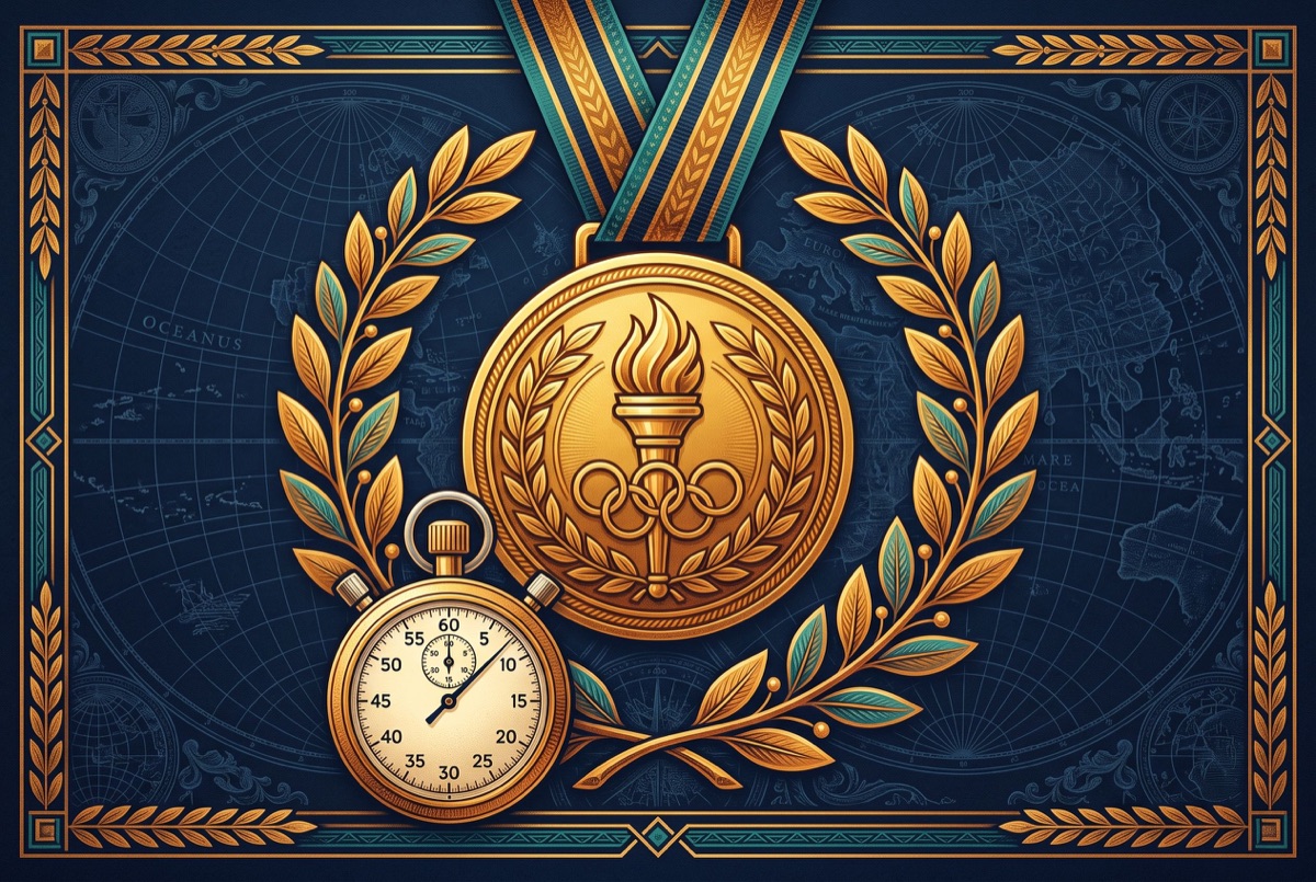 Gold medal, laurel branches and stopwatch