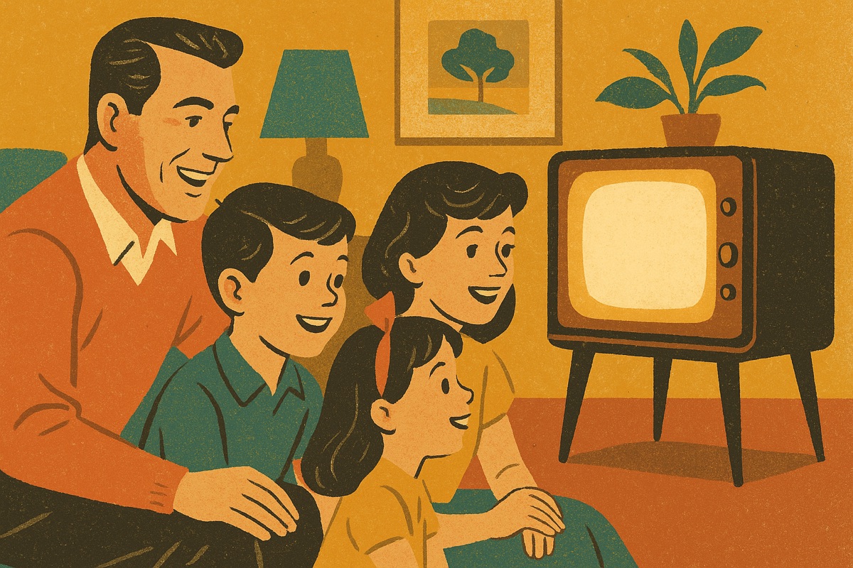Retro illustration of a family gathered around a glowing television set
