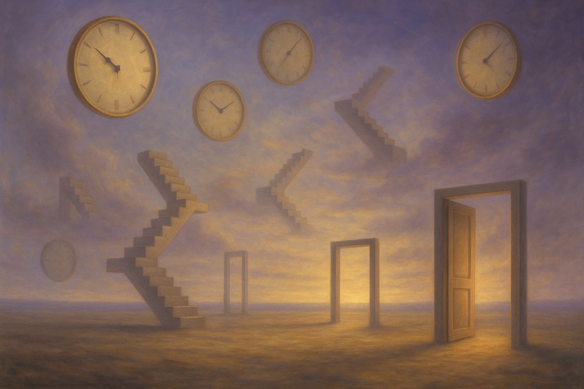 Surrealist dreamscape of floating clocks, staircases and doors on a glowing horizon