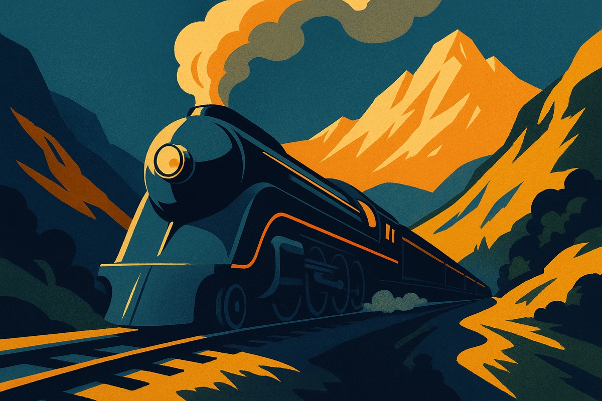 Vintage travel poster of a streamlined locomotive crossing mountains