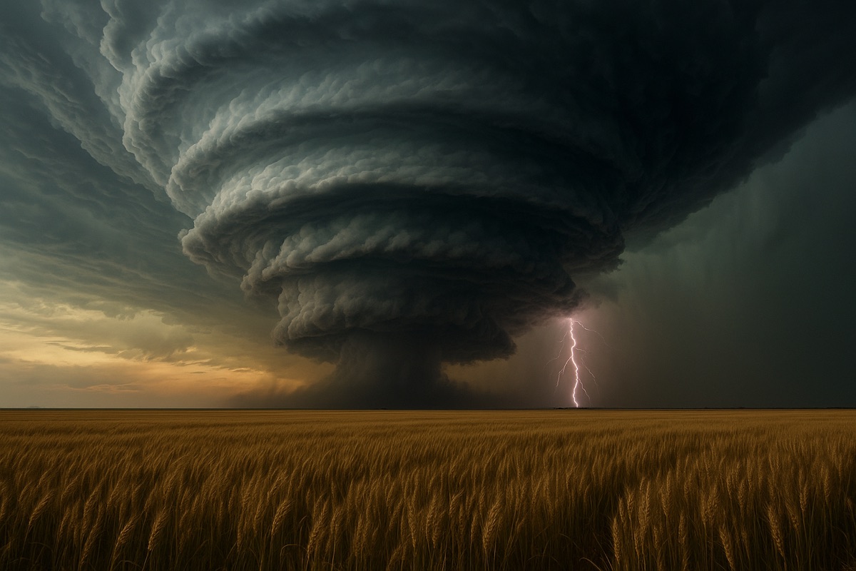Supercell thunderstorm with lightning strike over open plains at dusk