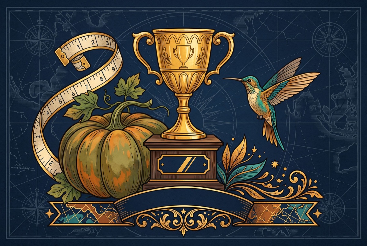 Golden trophy with measuring tape, giant vegetable and hummingbird